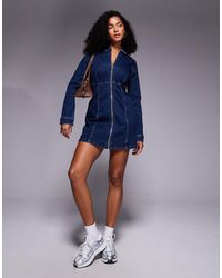 River Island - Zip Front Denim Mini Dress - Lyst