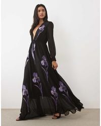 JW PEI - Iris Floral Applique Plunging Long Sleeve Maxi Dress - Lyst