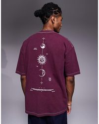 ASOS - Camiseta Burdeos Lavado Extragrande Con Estampado Gráfico Celestial Vertical En La Espalda De Tejido Grueso De -Rojo - Lyst