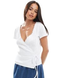 Miss Selfridge - Pointelle Lace Trim Wrap Top - Lyst