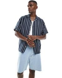 Jack & Jones - Camisa Azul Marino A Rayas De Manga Corta Con Cuello De Solapas De Tejido Texturizado De - Lyst