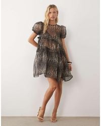 Ghospell - Sana Puff Sleeve Asymmetric Drawstring Detail Mini Dress - Lyst