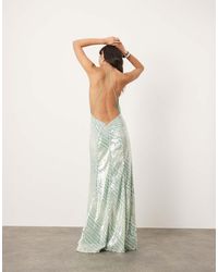 ASOS - Vestido Largo A Rayas Verde Menta Con Cuello Desbocado Pronunciado De Lentejuelas De - Lyst