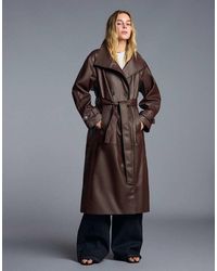 Bershka - Long Leather Effect Belt Trench Coat - Lyst