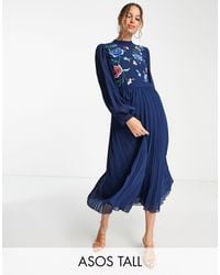 ASOS - Asos Design Tall High Neck Pleated Long Sleeve Skater Midi Dress With Embroidery - Lyst
