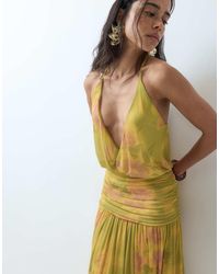 ASOS - Printed Mesh Plunge Neck Gathered Detail Maxi Dress - Lyst
