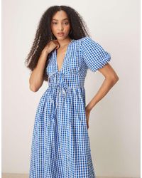 Nobody's Child - Vestido Midi A Cuadros Vichy Azules Con Mangas Abullonadas Scottie De - Lyst