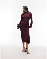 & Other Stories - Vestito Midi Accollato A Maniche Lunghe Morbido Vinaccia Scuro Con Arricciature - Lyst