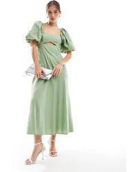 New Look - Puff Sleeve Linen Cut Out Midi Dress - Lyst