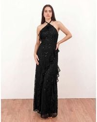 Maya - Embellished Halter Neck Lace Maxi Dress - Lyst
