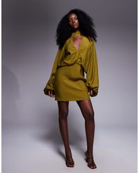 ASOS - High Neck Plunge Mini Dress With Blouson Sleeves - Lyst