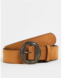 ASOS Wide Faux Suede Belt With Burnished Gold Western Buckle - Brown