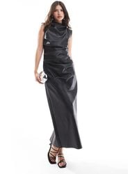 ASOS - Leather Look Midi Dress With Ruching Detail - Lyst