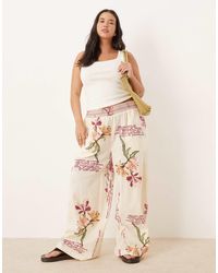 ASOS - Curve Linen Blend Pull-on Wide Leg Pants With Shirred Waist Detail - Lyst
