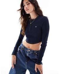 Tommy Hilfiger - Top Azul Marino De Manga Larga Con Cuello Panadero De - Lyst