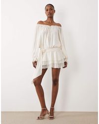 Oh Polly - Chiffon Off Shoulder Balloon Sleeve Layered Skirt Tie Detail Mini Dress - Lyst