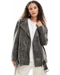 Urbancode - Chaqueta Biker Larga Marrón De Cuero Efecto Desgastado De - Lyst