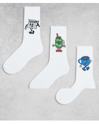 ASOS - Pack De 3 Pares De Calcetines Blancos Con Estampados Gráficos De Personajes Cafeteros De - Lyst