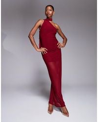 Fashionkilla - Robe longue en tulle avec détail noué superposé à l'encolure et ourlet transparent - bordeaux - Lyst