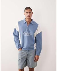 ASOS - Relaxed Quarter Zip With Cut & Sew Panels And Embroidered Print - Lyst