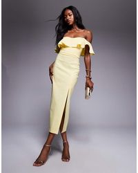Vesper - Bengaline Frill Bardot Side Split Midi Dress - Lyst