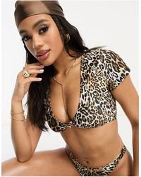 South Beach - Mix and match - top bikini a costine con maniche ad aletta e stampa leopardata - Lyst