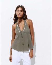 Pull&Bear - Top Allacciato Al Collo Kaki Con Bottoni - Lyst