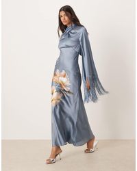 ASOS - Draped Neck Satin Bias Maxi Dress With Fringe Sleeve Detail - Lyst