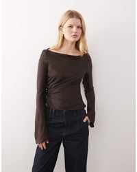 Monki - Crinkle Satin Long Sleeve Boat Neck Top - Lyst