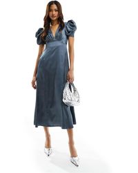 ASOS - Satin V Neck Midi Tea Dress With Puff Sleeves - Lyst