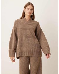 Pretty Lavish - Textured Knit Wrap High V Neck Jumper Co-ord - Lyst