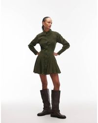 ASOS - Vestido Camisero Verde Con Cintura Entallada Y Falda De Godets De Pana De - Lyst