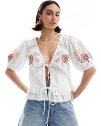 ASOS - Tie Front Top With Floral Embroidery - Lyst