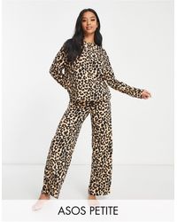 ASOS Asos Design Petite Viscose Leopard Long Sleeve Top & Wide Leg Trouser Pajama Set - White