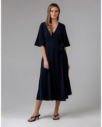 French Connection - V- Neck Bell Sleeve Wrap Tie Crepe Midi Dress - Lyst