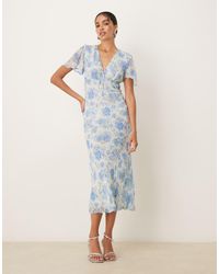Mango - V-Neck Tie Detail Short Sleeve Midaxi Dress With Floral Print - Lyst