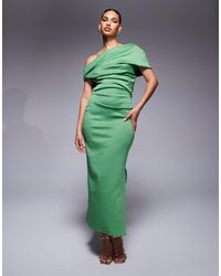 ASOS Fallen Shoulder Midi Prom Dress With Tie Detail in Green | Lyst