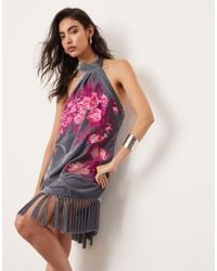 ASOS - Velvet Trailing Floral Embroidered Fringe Hem Halter Mini Dress - Lyst