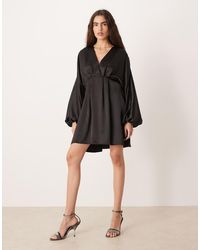 Gina Tricot - V Neck Satin Batwing Sleeve Mini Dress With Wrap Front Detail - Lyst