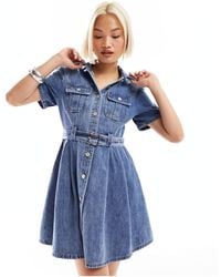 Urban Revivo - Button Through Denim Skater Skirt Mini Dress - Lyst