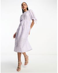 Monki - Balloon Sleeve Floral Shimmer Brocade Midi Dress - Lyst