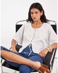Pieces - Tie Front Cotton Top With Broderie Trims - Lyst
