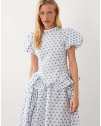 Sister Jane - Dream Sea Salt Jacquard Puff Sleeve Ruffle Hem Top - Lyst