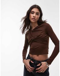 TOPSHOP - Top Van Gladde Stof Met Lange Mouwen En Gedraaide Voorkant - Lyst