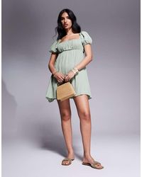 Princess Polly - Luchtige Mini Jurk Met Pofmouwen, Gestrikte Achterkant En Vierkante Hals - Lyst