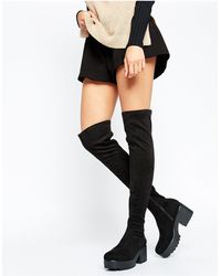 pull&bear platform heel knee boots in black