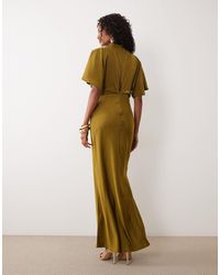 satin twist bodice maxi dress with blouson sleeves Cherry Satin Blouson Sleeve Maxi Dress