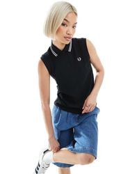 Fred Perry - Polo Nera E Bianca Senza Maniche Con Doppie Righe A Contrasto Sul Colletto - Lyst