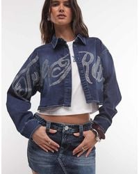 TRUE RELIGION - Embellished Crystal Script Logo Cropped Denim Shirt - Lyst