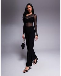 ASOS - Long Sleeve Mesh Mix Jumpsuit With Twist Bust - Lyst